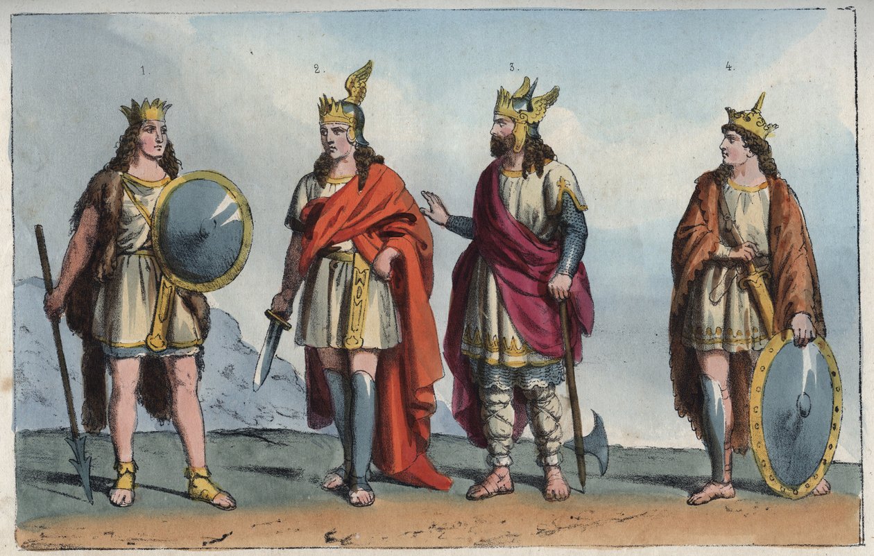 Les Merovingiens - Merovingian dynasti - Pharamond eller Faramund (- Chlodio (Clodius, Clodion, Cloio eller Chlogio) (Clodion le Chevelu) (ca 390 - ca 450) - Merovech (Merovee eller Merowig, ca 412-457) och Clovis (ca 466-511 ”- gravyr från” Usi e Costumi  av Anonymous Anonymous