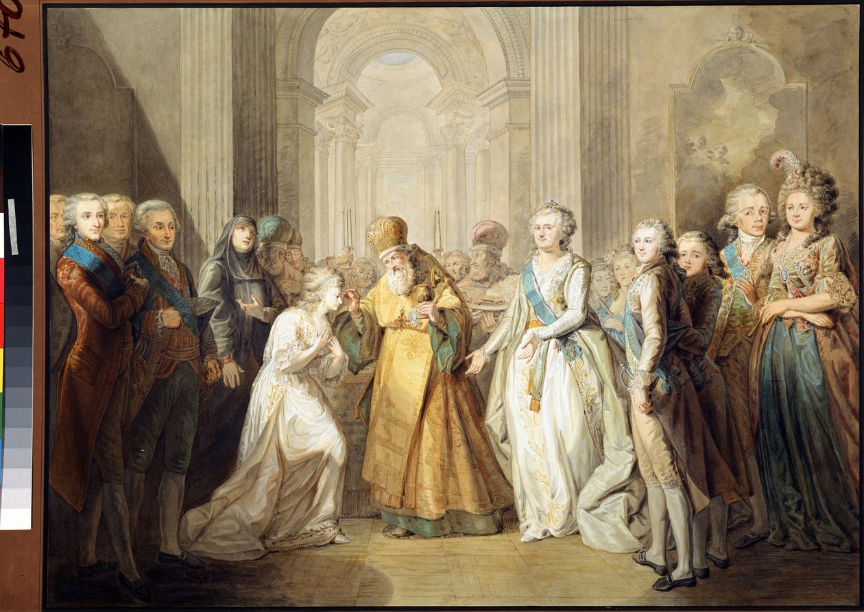 Förlovningen mellan storhertig Alexander Pavlovich (då tsar Alexander I Pavlovich Romanov (1777-1825) och prinsessan Louise Augusta av Baden (Baden) (dåvarande kejsarinnan Elisabeth Alexeievna (Elizabeth Alexeievna) av Anonymous Anonymous