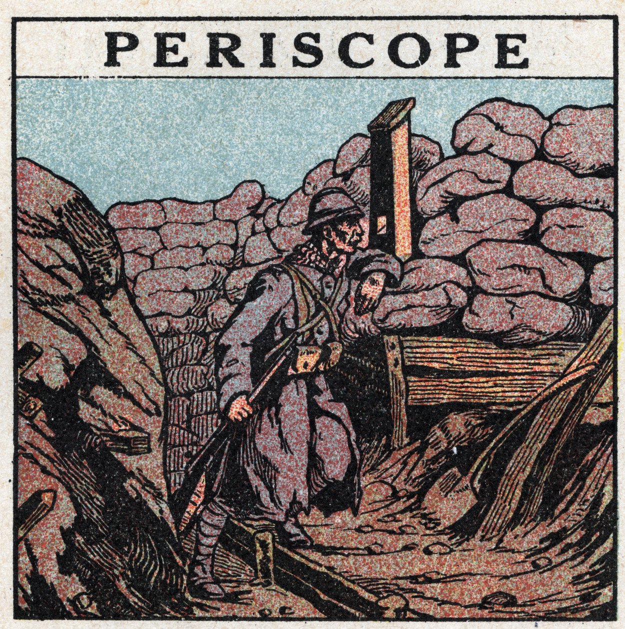 Ljusreflexion: periskop som användes i ett dike av en hårig under första världskriget (1914-1918). Anonym illustration från 1925. Privat samling. av Anonymous Anonymous