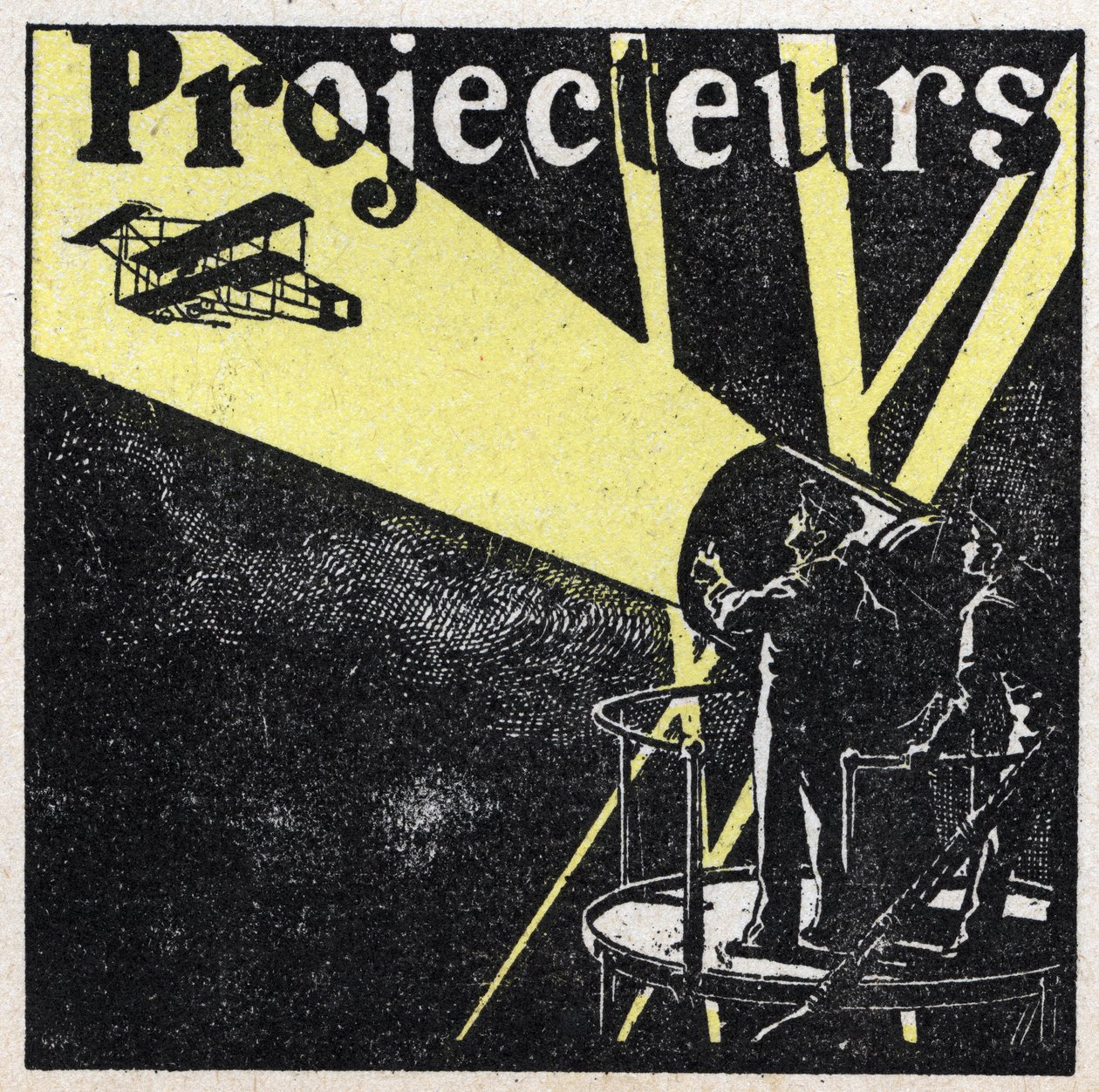 Ljusreflexion: strålkastare som används för att upptäcka ett plan på himlen på natten. Anonym illustration från 1925. Privat samling. av Anonymous Anonymous