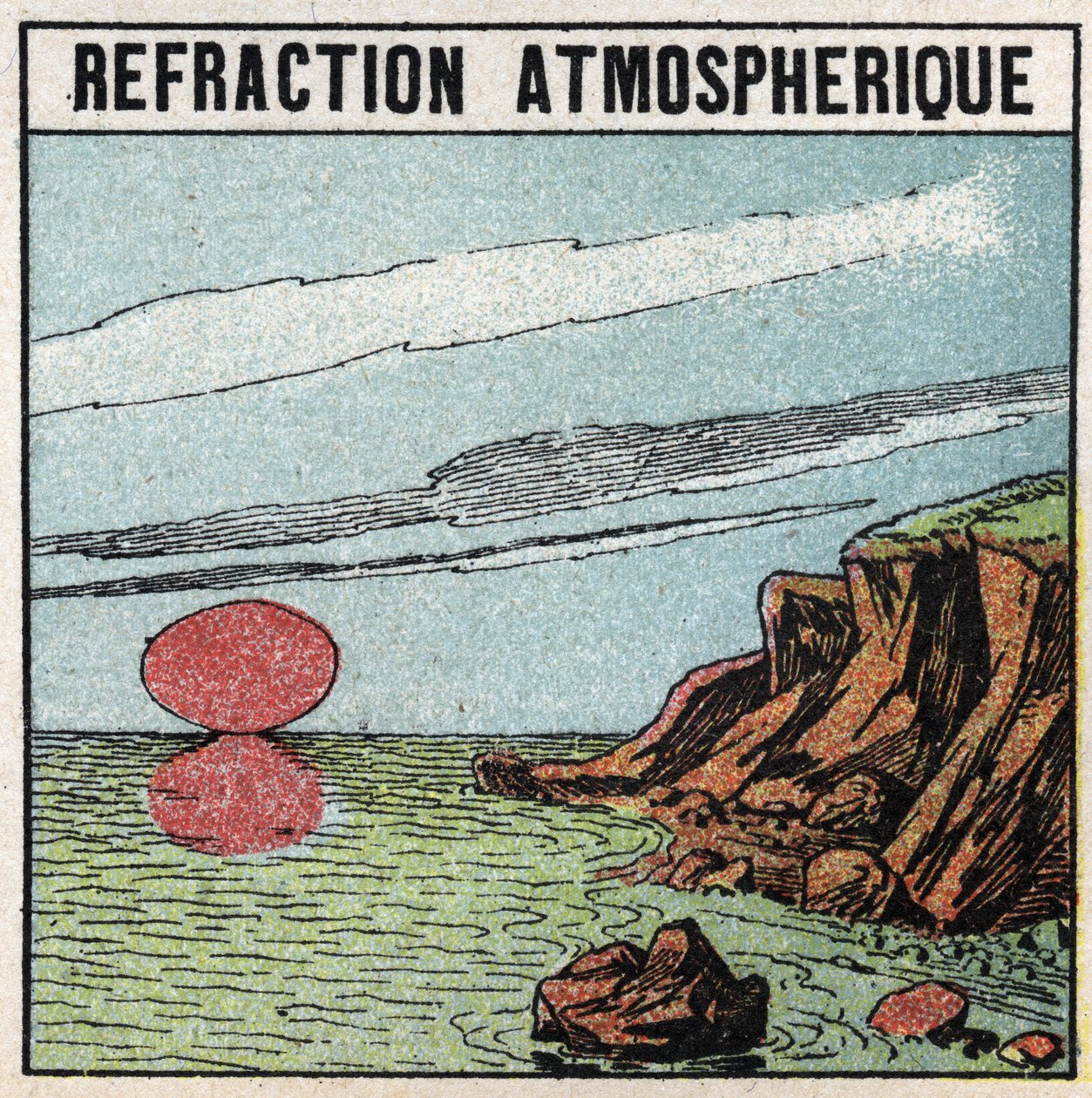 Ljusbrytning: Atmosfärisk brytning ger en illusion av att solen är större vid uppgång eller solnedgång än vid zenit. Anonym illustration från 1925. Privat samling. av Anonymous Anonymous