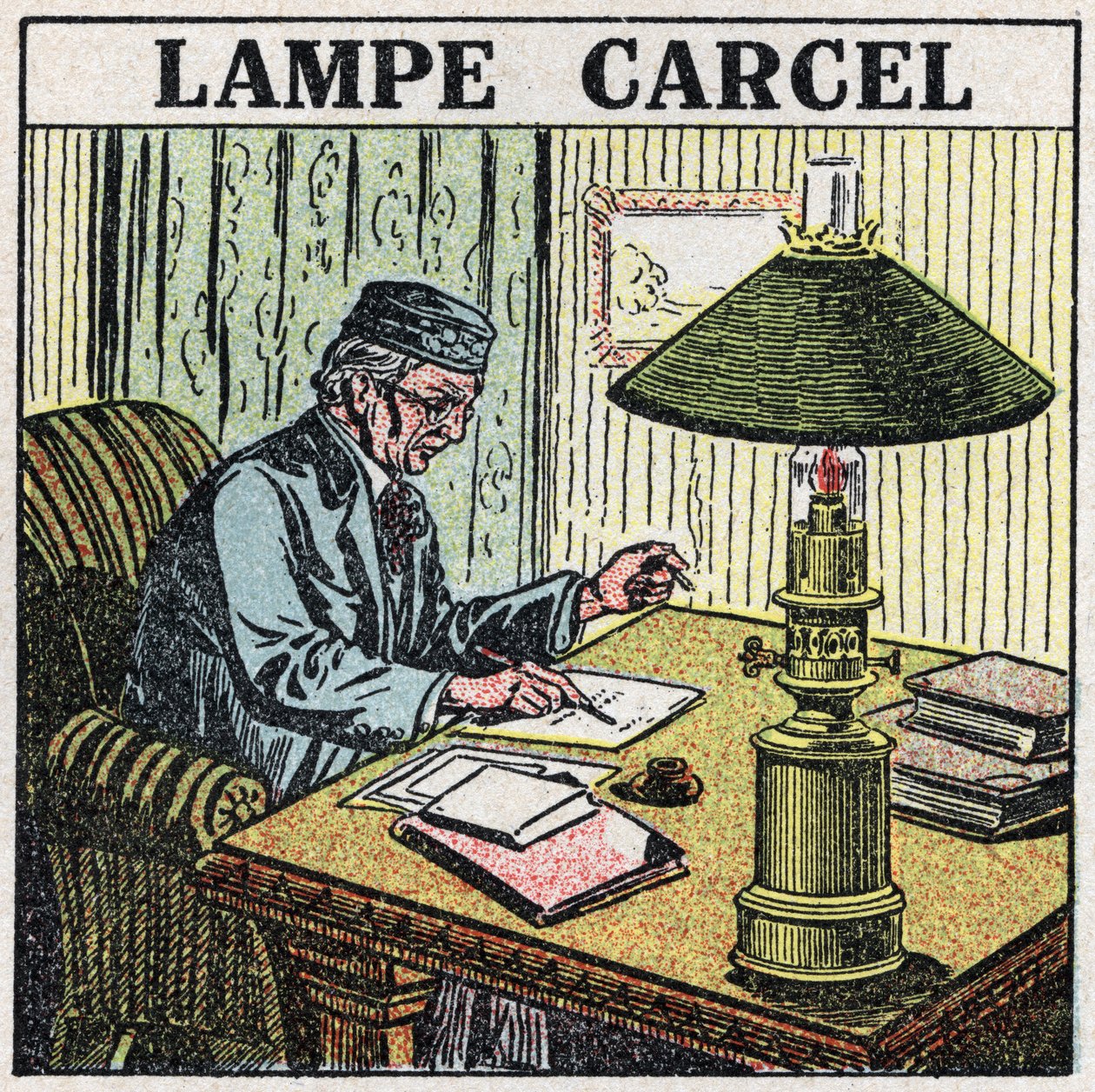 Ljuskällor: Carcel-lampa, uppfunnen av Guillaume Carcel (1750-1812) och med vegetabilisk olja. Anonym illustration från 1925. Privat samling. av Anonymous Anonymous