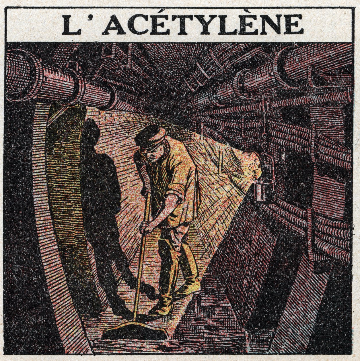 Ljuskällor: belysning av acetylen som används i trummor. Anonym illustration från 1925. Privat samling. av Anonymous Anonymous