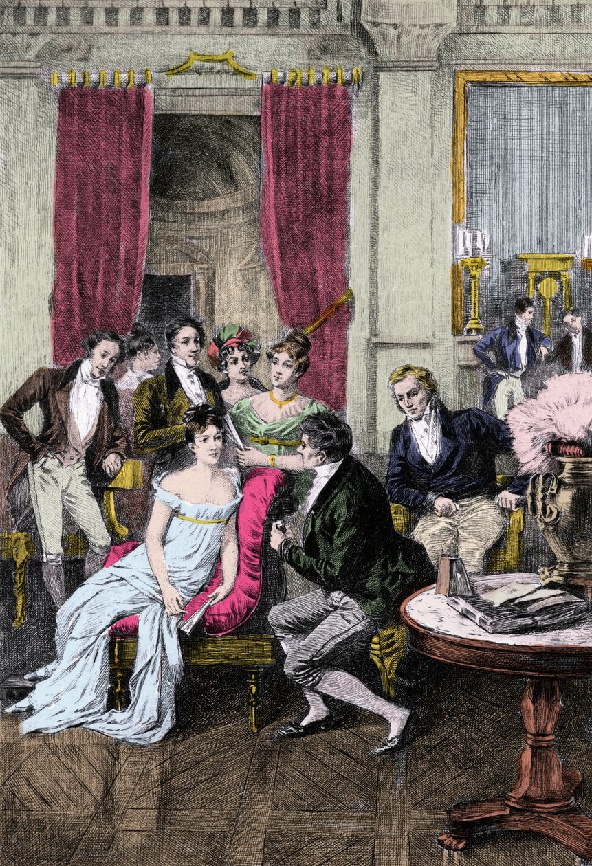 Litterär salong: "" Runt Madame Recamier"" Madame Juliette Recamier (1777-1849) omgiven av litterära och politiska personligheter: Charles Nodier (1780-1844), Francois Rene Viscount de Chateaubriand (1768-1848), Sophie Gay (175276-1846) ), Benjamin Constan av Anonymous Anonymous