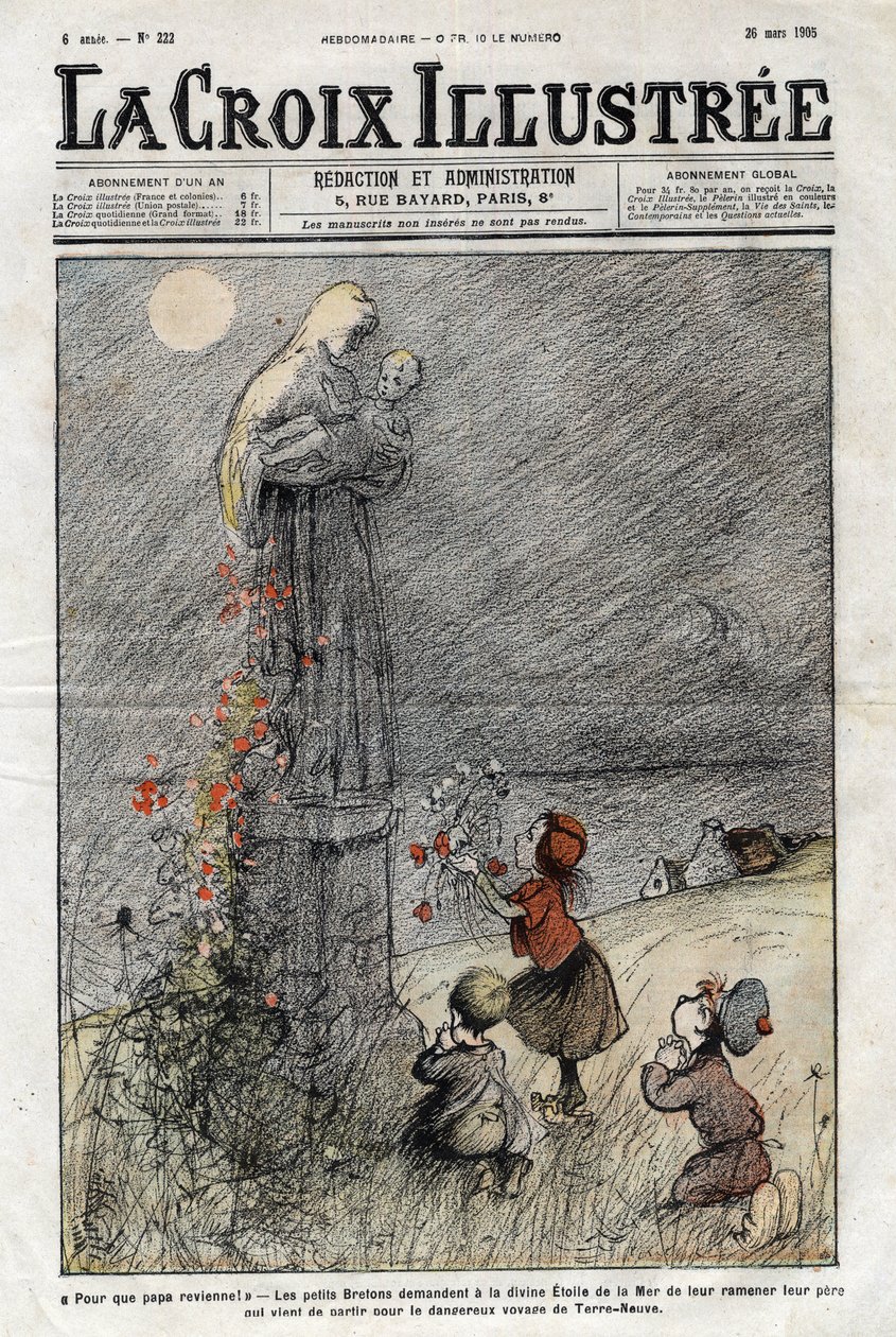 Små bretoner ber havets gudomliga stjärna att ta tillbaka sin far som just har lämnat för den farliga resan i Newfoundland - omslag till "La-Croix-Illustree" från 1905 av Anonymous Anonymous