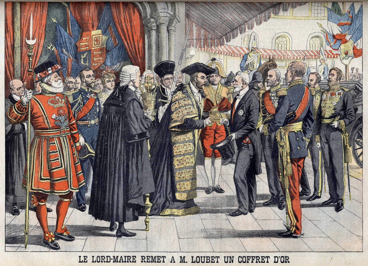 London, Storbritannien. Sir Marcus Samuel ger president Emile Loubet en guldask efter mottagningen i Guildhall. Le petit Journal, juli 1903. av Anonymous Anonymous