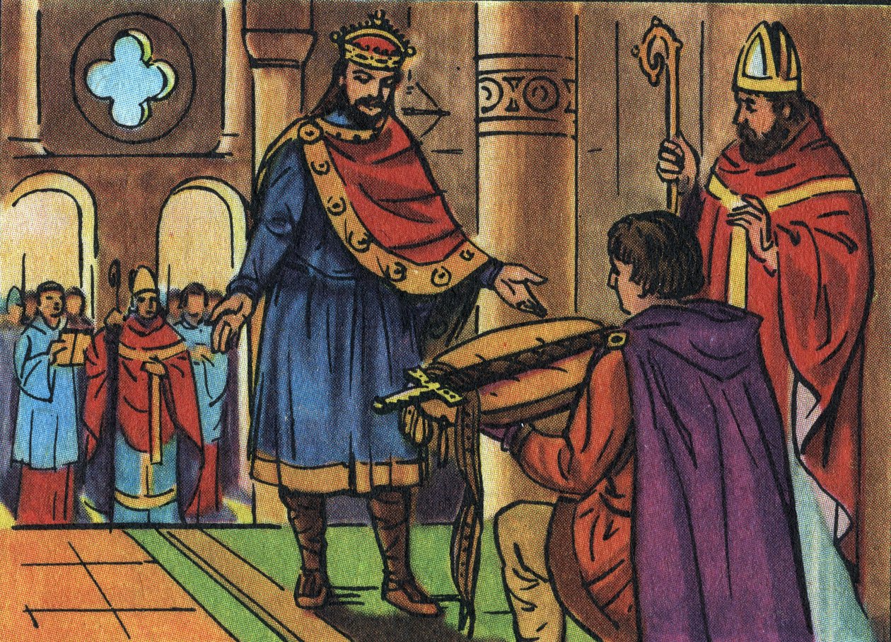 Ludvig I den fromme eller Debonnaire (778-840) återvände till besittning av sitt svärd som konfiskerats av prästerskapet. Anonym illustration i "" Collection des souverains et chefs d