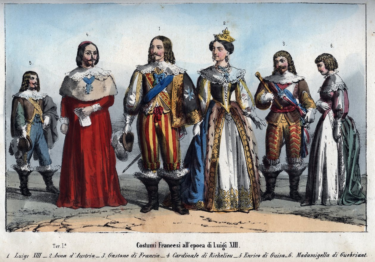 Ludvig XIII - Anne av Österrike (1601-1666) (Anne av Österrike) - Gaston av Frankrike (Gaston, hertig av Orleans) - Armand Jean du Plessis, kardinal de Richelieu - Henri II de Guise (Henry II, hertig av Guise) - Anne-Marie Budes de Guebriant - gravyr från  av Anonymous Anonymous