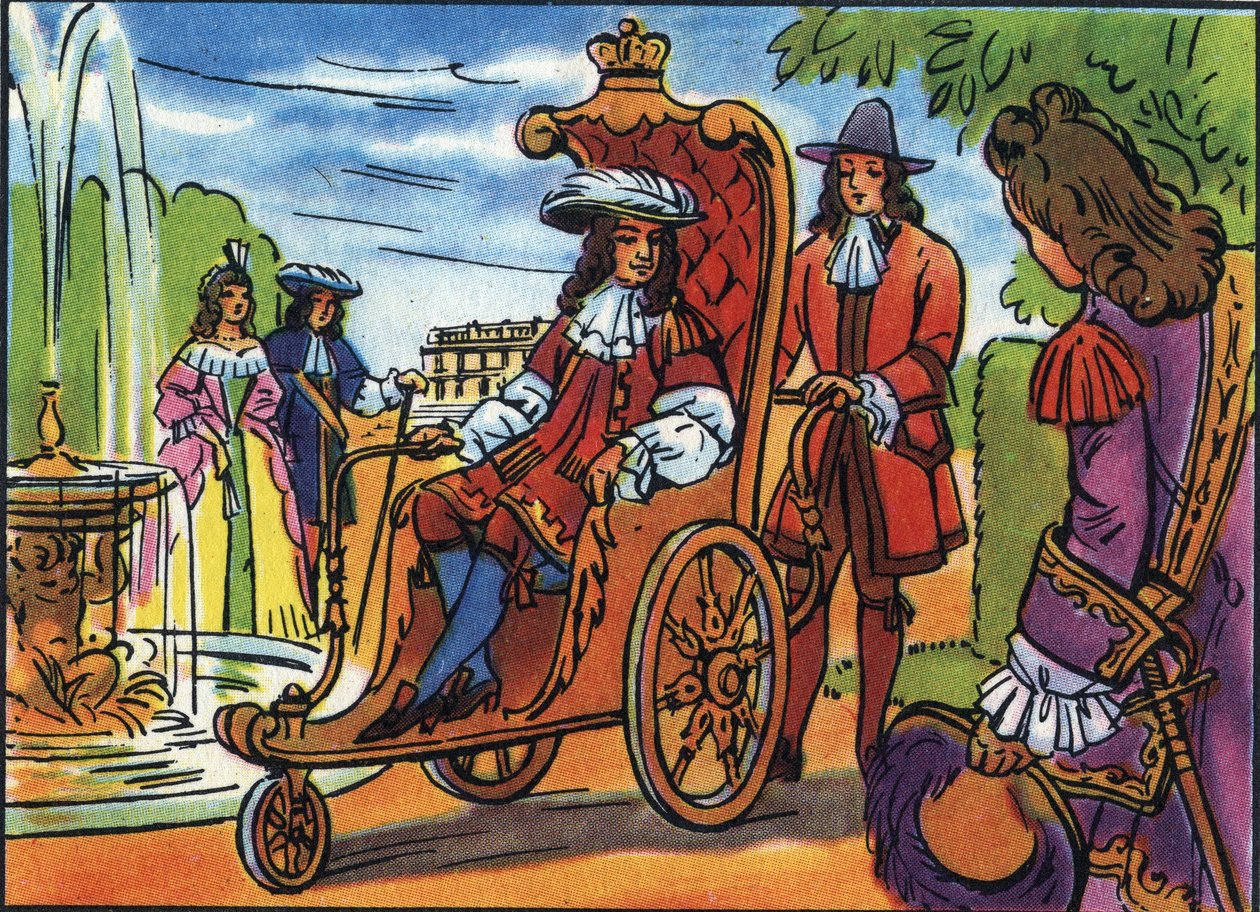 Ludvig XIV har strandpromenaden, kungen av Frankrike Ludvig XIV (1638-1715), sittande i en rullstol och går i parken i Versailles. Anonym illustration i "" Collection des souverains et chefs d