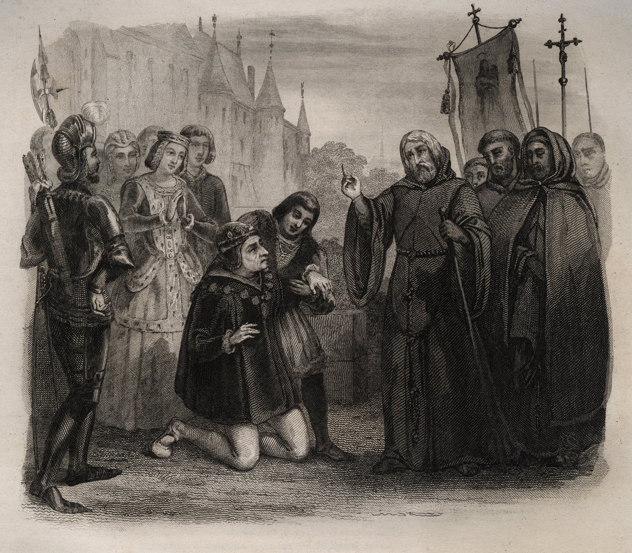 Ludvig XI (1423-1483) ber om hans guerison till Francois de Paule (1416-1507) Gravyr från 1846 i "De heligas liv"". Privat samling. av Anonymous Anonymous