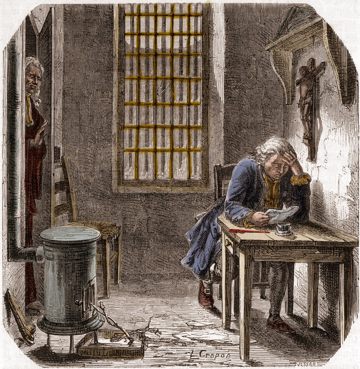 Ludvig XVI (1754-93) Läser sin sista testamente och testamente i templet 1792 - Ludvig XVI läser sitt testamente i templets torn den 25 december 1792 - Gravyr i "Histoire des Girondins" av Alphonse de Lamartine (1790-1869) 1865-1866 - Privata samlingar av Anonymous Anonymous