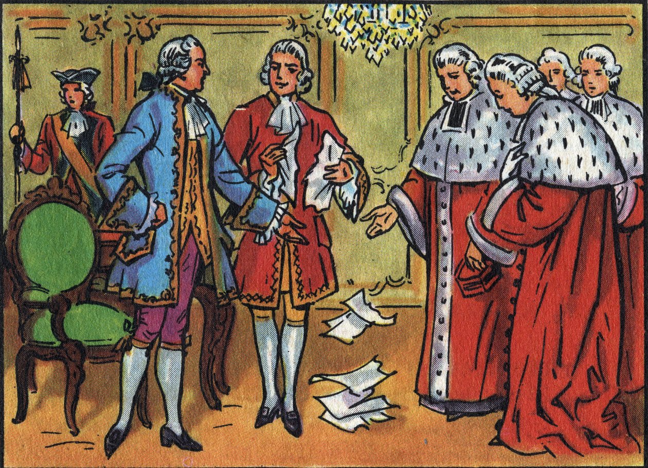 Ludvig XV (1710-1774), kung av Frankrike, bryter ner parlamentets beslut. Anonym illustration i ""Samling av Frankrikes suveräner och statschefer"". 1900-talet. Privat samling. av Anonymous Anonymous