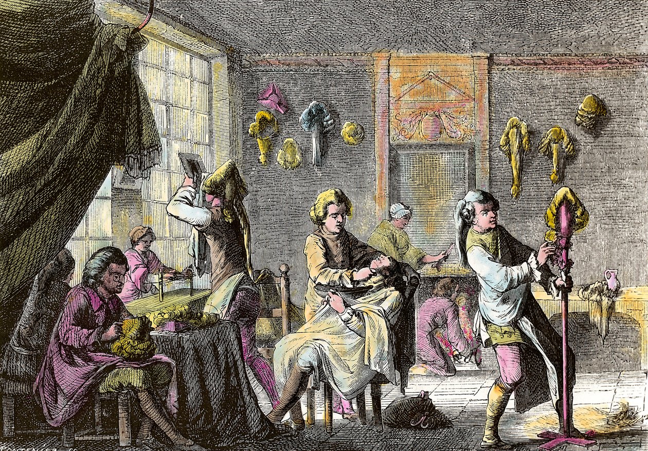 Louis XV mode: utsikt över interiören av en perukfrisör. Gravyr omkring 1755. Privat samling av Anonymous Anonymous
