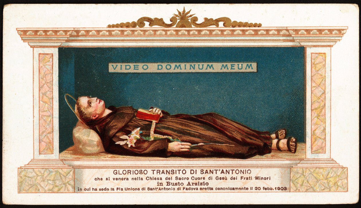 Sankt Antonius av Paduas ljugande (san antonio di padova) kommer in i kyrkan i Jesu heliga hjärta av de mindre bröderna i Busto Arsizio. Vi ser de sista orden talade på latin av helgonet "Video Dominum meum"" (Jag ser min Herre). Fromma bild. 20-talet av Anonymous Anonymous