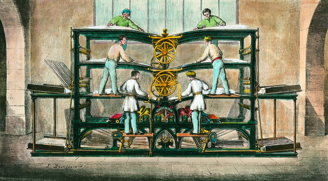Maskin för tryckning av den lilla tidningen”” uppfann av Hippolyte-Auguste Marinoni (1823-1904)”” Han uppfann en roterande press 1866. Gravyr från 1868. Privat samling av Anonymous Anonymous