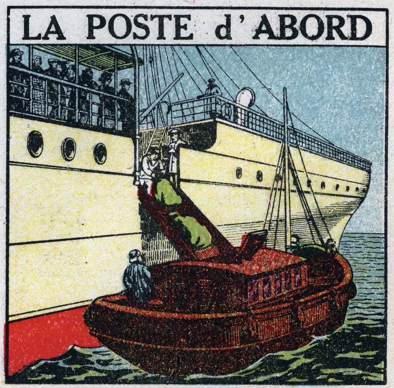 Post: fartyg som levererar post ombord på ett linjefartyg (post först). Anonym illustration från 1925. Privat samling. av Anonymous Anonymous