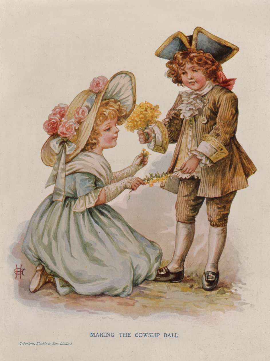 Making the Cowslip Ball, bokillustration, tidigt 1900-tal (färglitografi) av Anonymous Anonymous