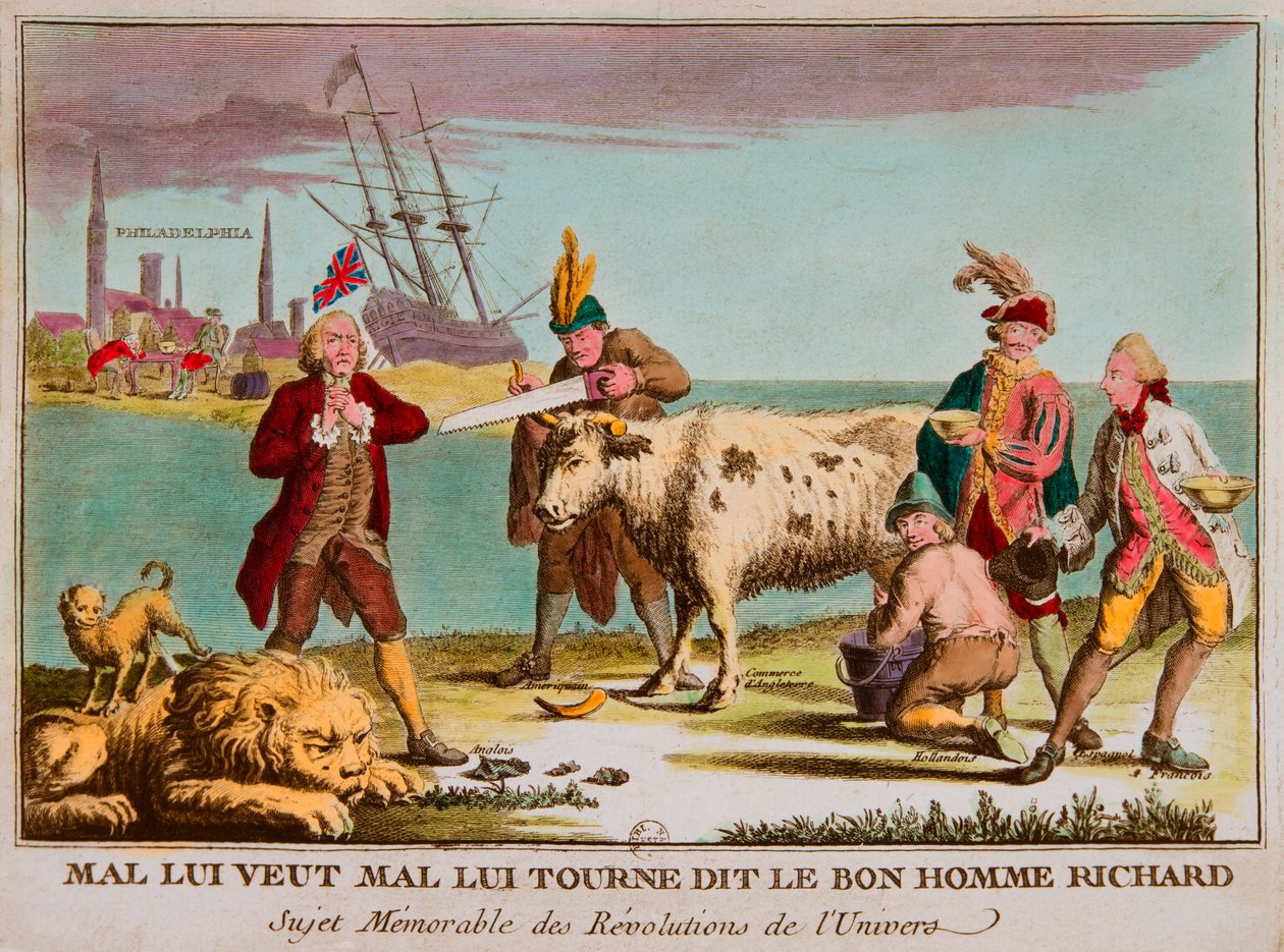 Mal vill ha honom fel, sa den gode mannen Richard Minnesvärda ämne om universums revolutioner. Tecknad film mot England. 1780, Privee Collection (brittisk handel som mjölkko. Bilderna inkluderar: Storbritannien som ett sovande lejon; Continental Congress s av Anonymous Anonymous