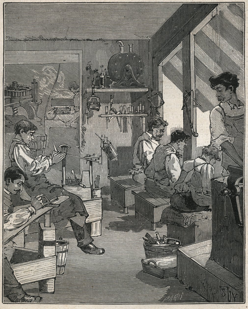 Tillverkning av kammar i en verkstad i Frankrike på 1800-talet. Gravyr från 1885 i "" Les arts et metiers illustres"" av Adolphe BITARD. av Anonymous Anonymous