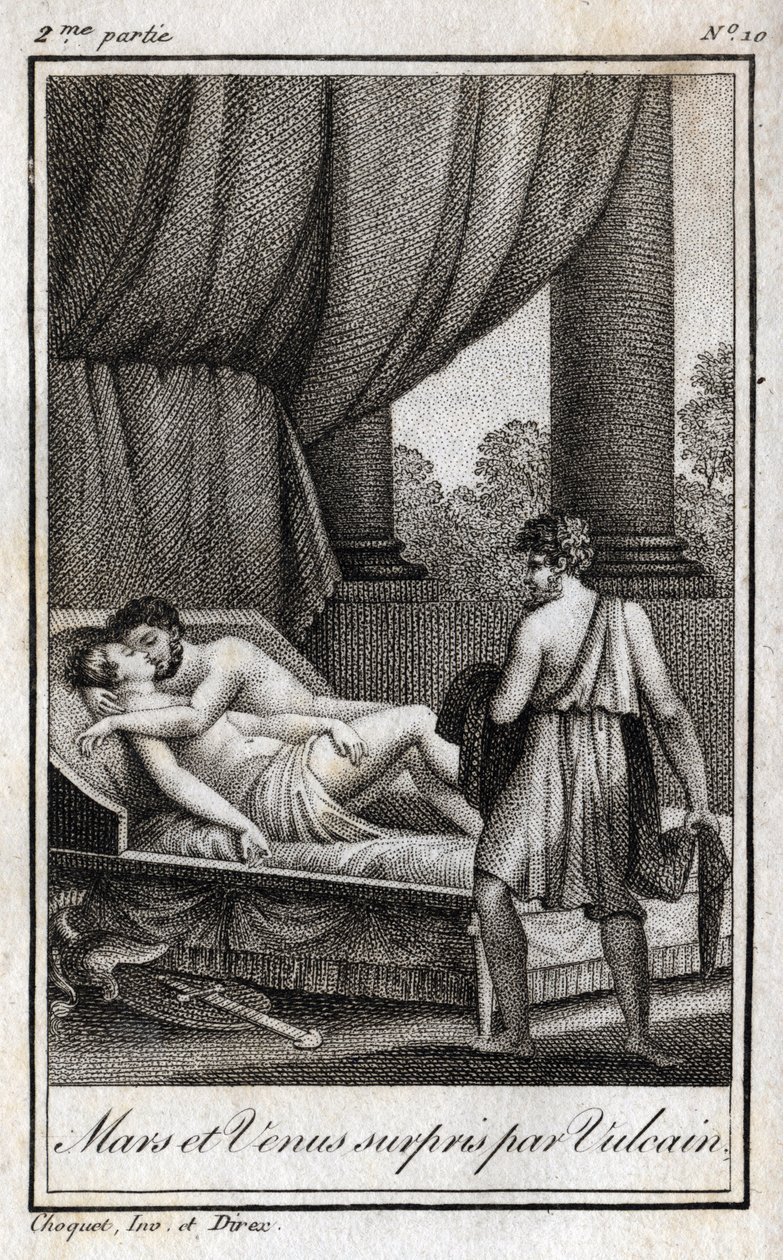 Mars och Venus upptäcktes av Vulcan. "Mars och Venus upptäcktes av Vulcan". Gravyr från 1819 i "Lettres a Emilie sur la mythologie" av Charles Albert Demoustier (1760-1801). Privat samling. av Anonymous Anonymous