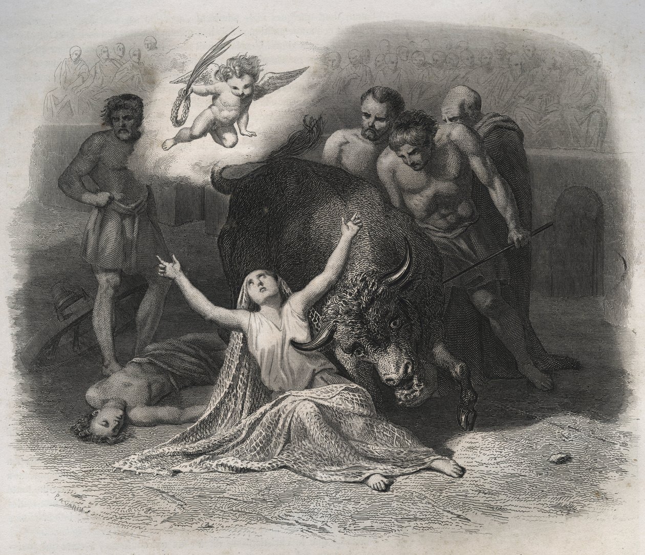 Martyrskap av Saint Blandine av Lyon och Ponticus i arenan 177 under förföljelserna av de första kristna. Gravyr från 1846 i "" Lives of the saints"". Privat samling. av Anonymous Anonymous