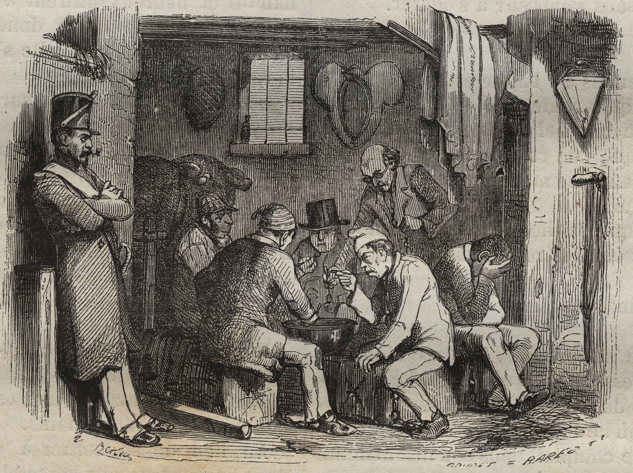 Måltid för de dömda i Rochefort-fängelset på 1800-talet. Gravyr i "Fångarnas historia från deras skapelse till idag" (1877) av Pierre Zaccone (1817-1895) (Colonia Penale - Straffkoloni). Privat samling. av Anonymous Anonymous