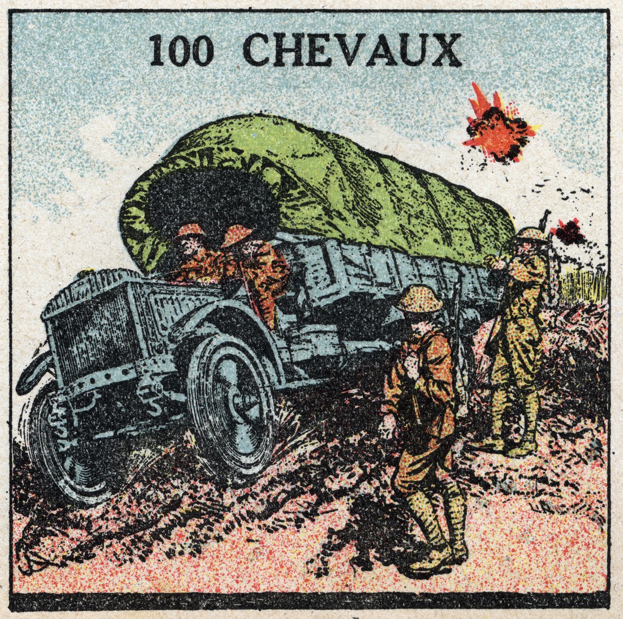 Mekanisk dragkraft: militärlastbil upp till 100 hästkrafter. Anonym illustration från 1925. Privat samling. av Anonymous Anonymous