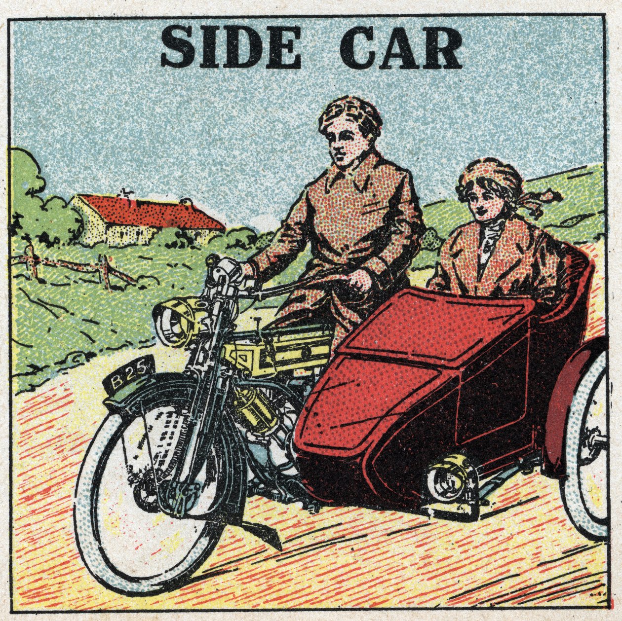 Mekanisk dragkraft: motorcykel sidovagn. Anonym illustration av 1925. Privat samling. av Anonymous Anonymous