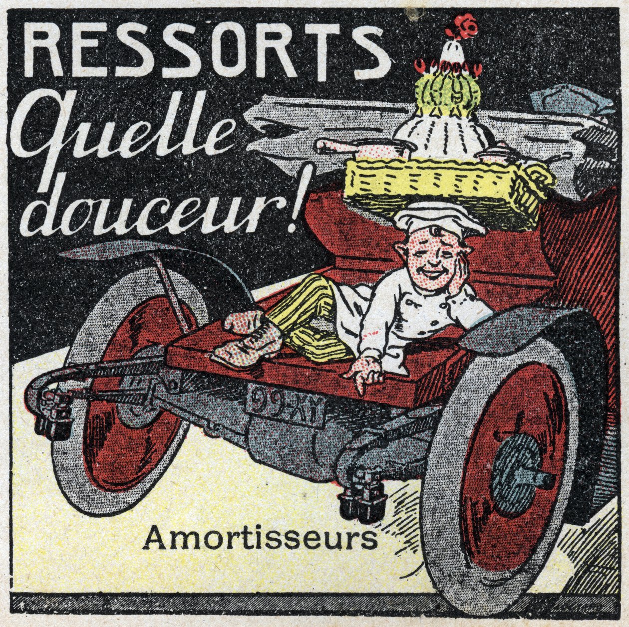 Mekanisk dragkraft: stötfjädrar i en bil. Anonym illustration från 1925. Privat samling. av Anonymous Anonymous
