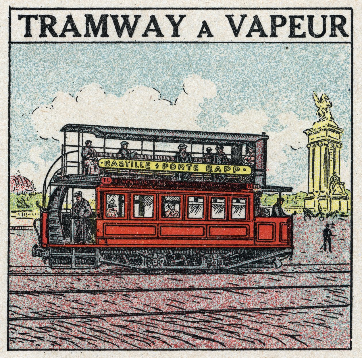 Mekanisk dragkraft: ångspårvagn dök upp i Paris i slutet av 1800-talet på Bastillelinjen - dörr Bapp. Anonym illustration från 1925. Privat samling. av Anonymous Anonymous
