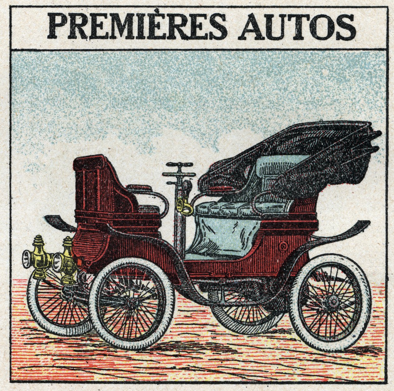 Mekanisk dragkraft: de första bensinbilarna som uppfanns 1895 av Panhard och Levassor. Anonym illustration från 1925. Privat samling. av Anonymous Anonymous