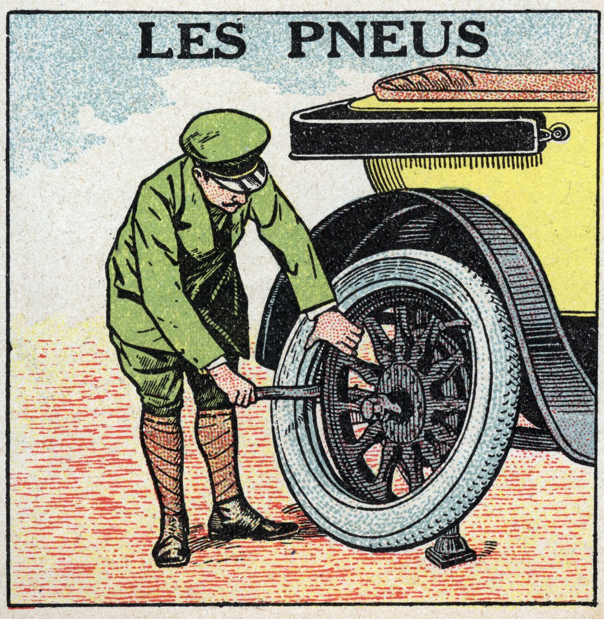 Mekanisk dragkraft: däcken på en bil. Anonym illustration från 1925. Privat samling. av Anonymous Anonymous