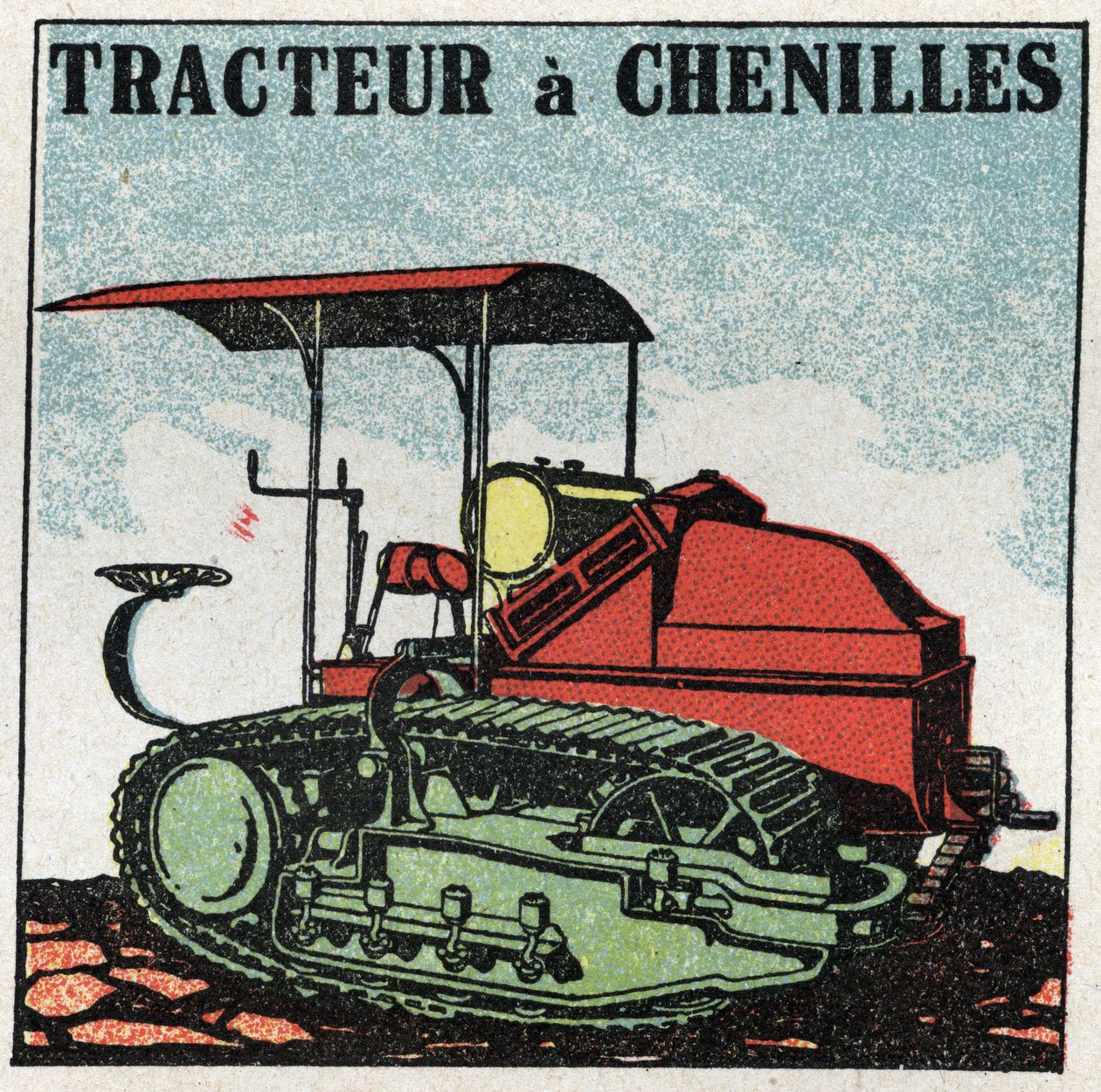 Mekanisk dragkraft: bandtraktor. Anonym illustration av 1925. Privat samling. av Anonymous Anonymous