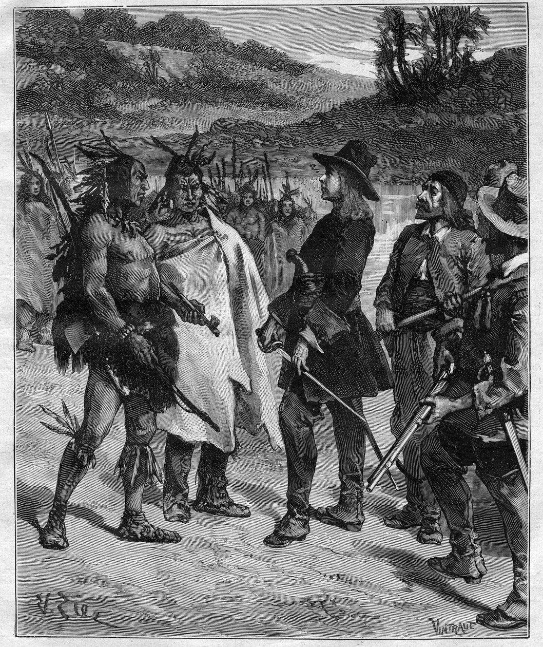 Möte av Robert Cavelier de La Salle (1643-1687) med indianerna i Amerika nära Lake Peoria gravyr i "Journal des voyages" från 1889 av Anonymous Anonymous