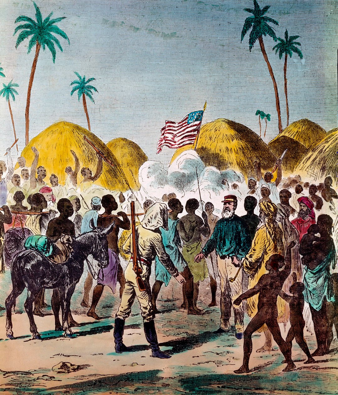 Möte av journalisten Henry Morton Stanley (1841-1904) och David Livingstone (1813-1873), brittisk läkare och upptäcktsresande, 1871-11-10 i Tanzania. Gravyr av 1800-talets Privatsamling av Anonymous Anonymous