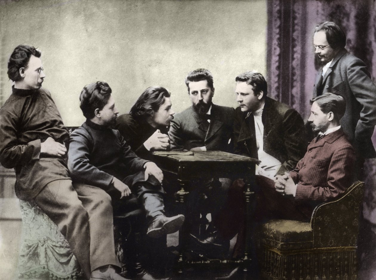 Medlemmar av Sreda litterära krets, bildad under andra hälften av 1890-talet av ryska realistiska författare - Porträtt av ryska intellektuella från den litterära gruppen Znanie: från vänster till höger, Andrei Skitalets (Stephan Gabrilovich Petrov), Leoni av Anonymous Anonymous