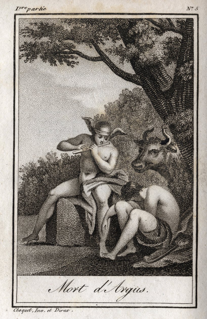 Merkurius och Argus (Mercury och Argus). Death of Argus: Merkurius spelad av flöjt för att somna Argus och befria nymfen Io, förvandlad till en ko. Gravyr från 1819 i "Lettres a Emilie sur la mythologie" av Charles Albert Demoustier (1760-1801). av Anonymous Anonymous