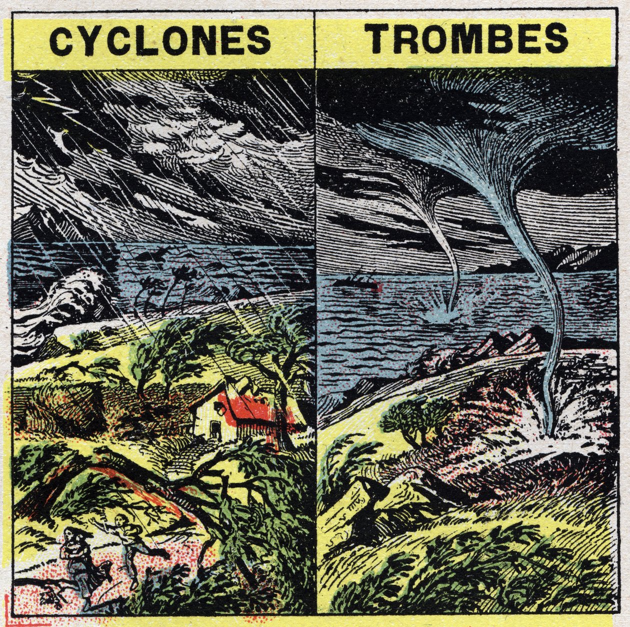 Meteorologi: cykloner och stammar (tromber). Anonym illustration av 1925. Privat samling. av Anonymous Anonymous