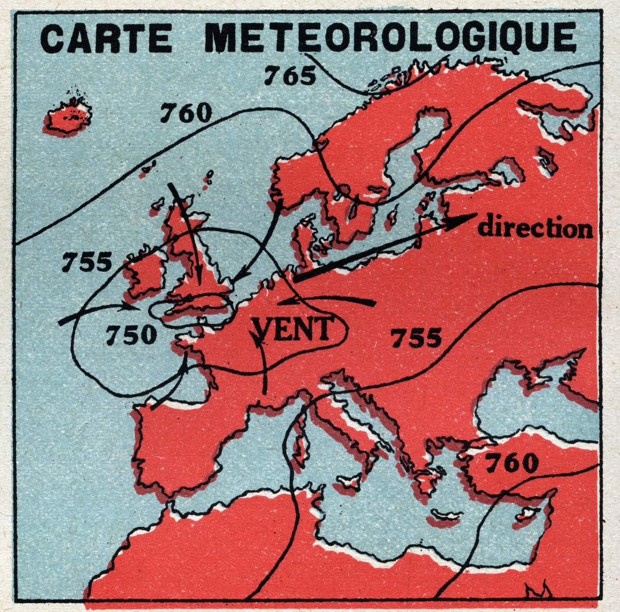 Meteorologi: meteorologisk karta. Anonym illustration av 1925. Privat samling. av Anonymous Anonymous