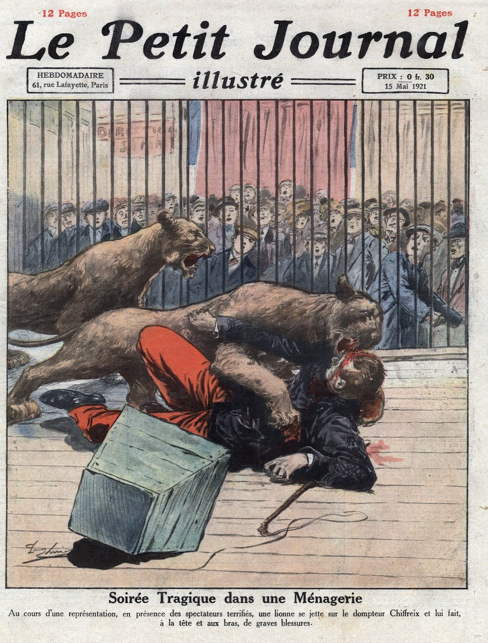Övrigt: en olycka under en show i ett menageri, en lejoninna skadar tamaren allvarligt. Illustration hämtad från "" Le petit journal"" från 1921-05-15 Samling privee av Anonymous Anonymous