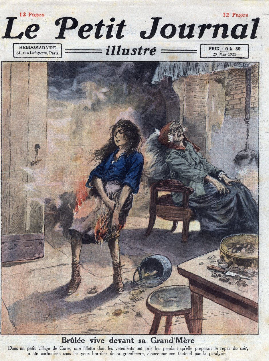 Övrigt: en ung flickas dramatiska död Brulee bor framför sin förlamade mormor. Illustration hämtad från "" Le petit journal illustrious""" av 1921-05-29. Privat samling av Anonymous Anonymous