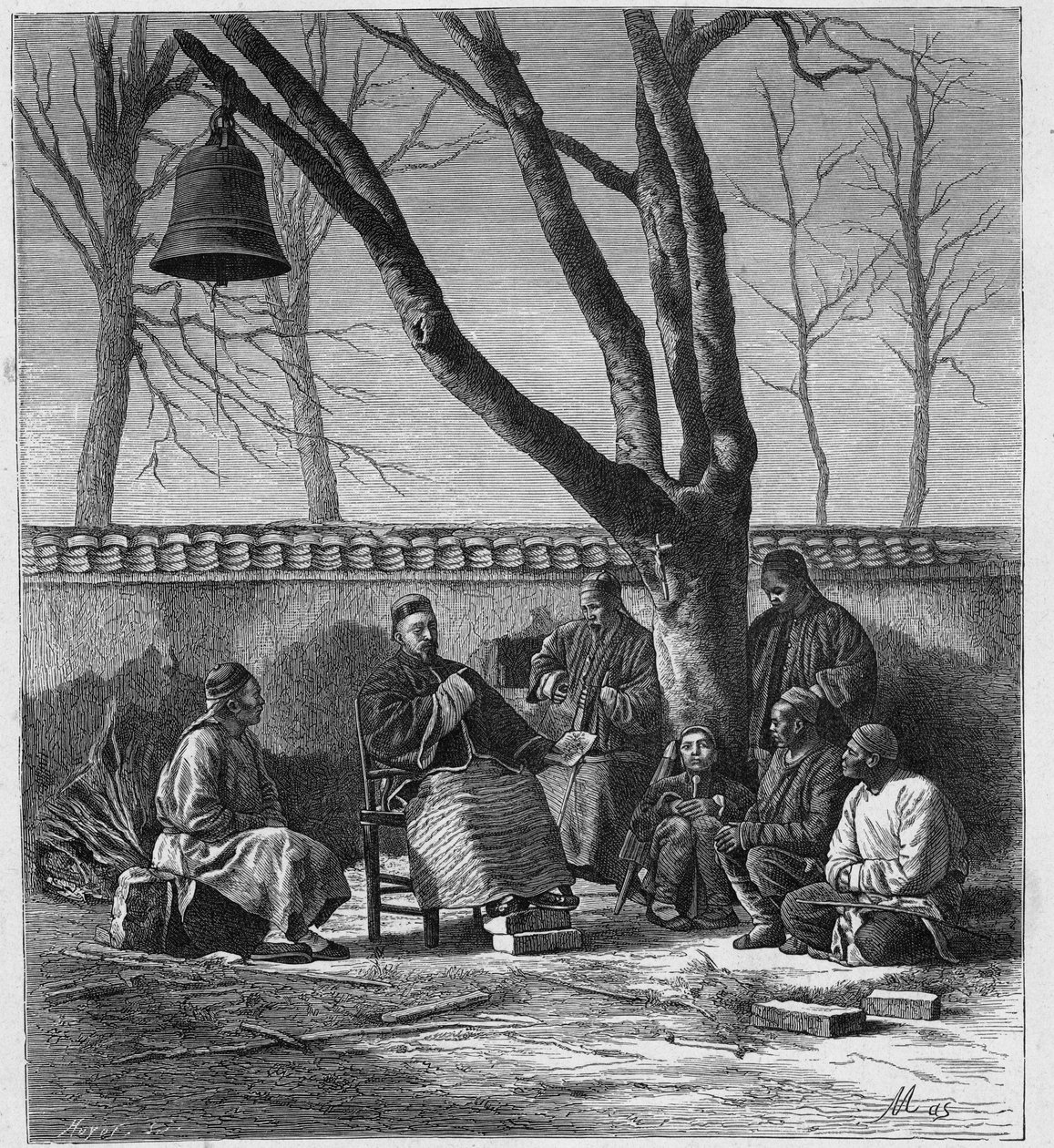 Missionär undervisar i katolsk doktrin i Henanprovinsen (Ho Nan, Ho-Nan), Kina. Gravyr i "The Catholic Missions in the XIXth Century"" av Louis-Eugene (Louis Eugene) Louvet. privat samling. av Anonymous Anonymous