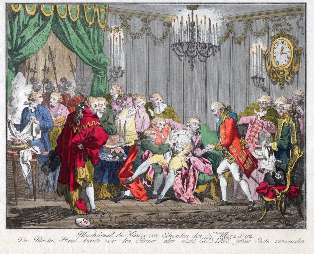 Mort de Gustave III de Suede (1746-1792) - Mordet på kung Gustav III den 16 mars 1792 - Anonym - 1792 - Etsning, akvarell - 33,5x46,3 - Privat samling av Anonymous Anonymous