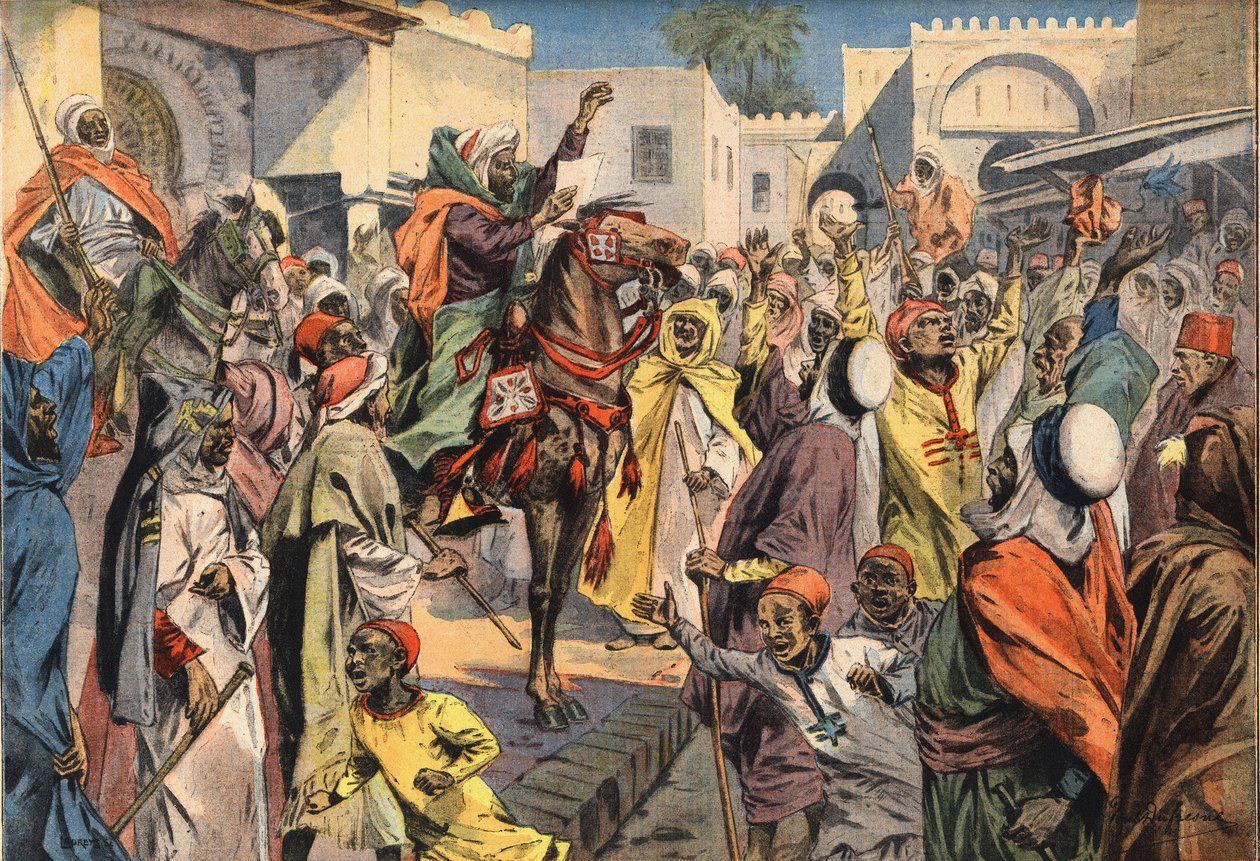 Mouley Hafid (Moulay-Hafid) proklamerar Sultan till Fez: de offentliga roparna tillkännager proklamationen för folkmassan. Gravyr från tidningen "" Le Petite Parisien"", 1908-01-26. Privat samling. av Anonymous Anonymous