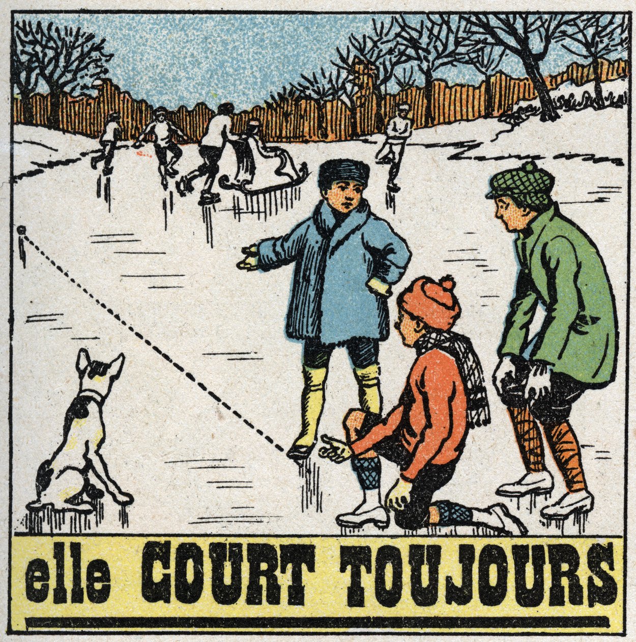 Rörelser: barn som spelar bollar på den frusna isen i en damm på vintern. Anonym illustration från 1925. Privat samling. av Anonymous Anonymous