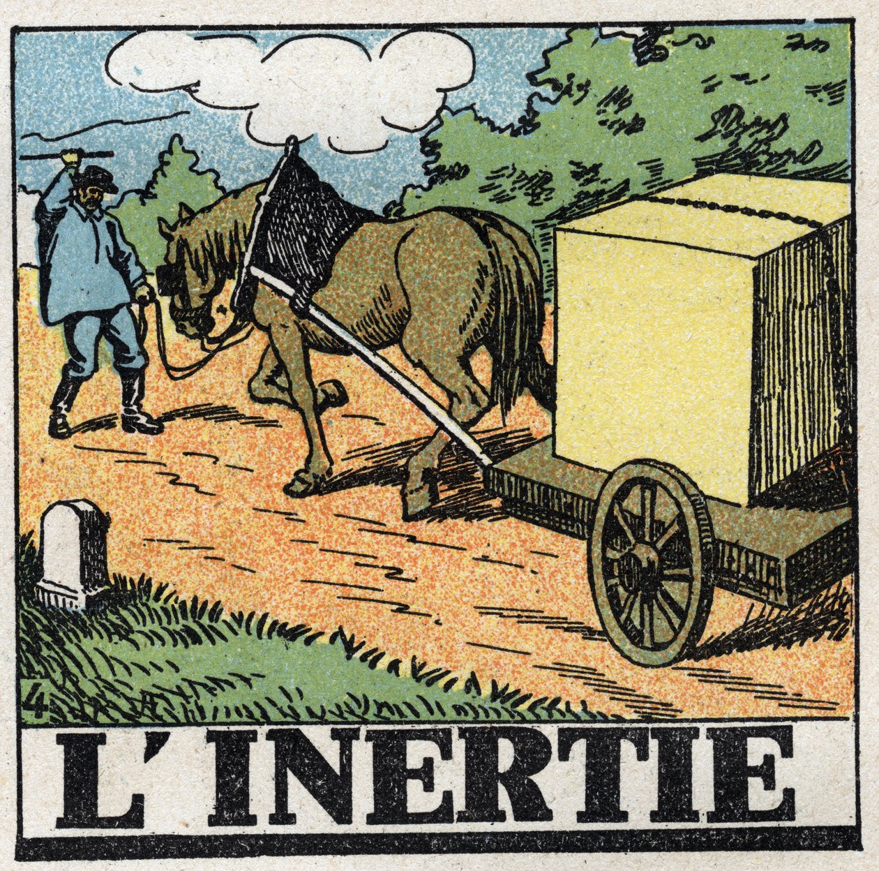 Rörelser: tröghet. En åkare som ger fransar för att flytta sin häst framåt. Anonym illustration från 1925. Privat samling. av Anonymous Anonymous