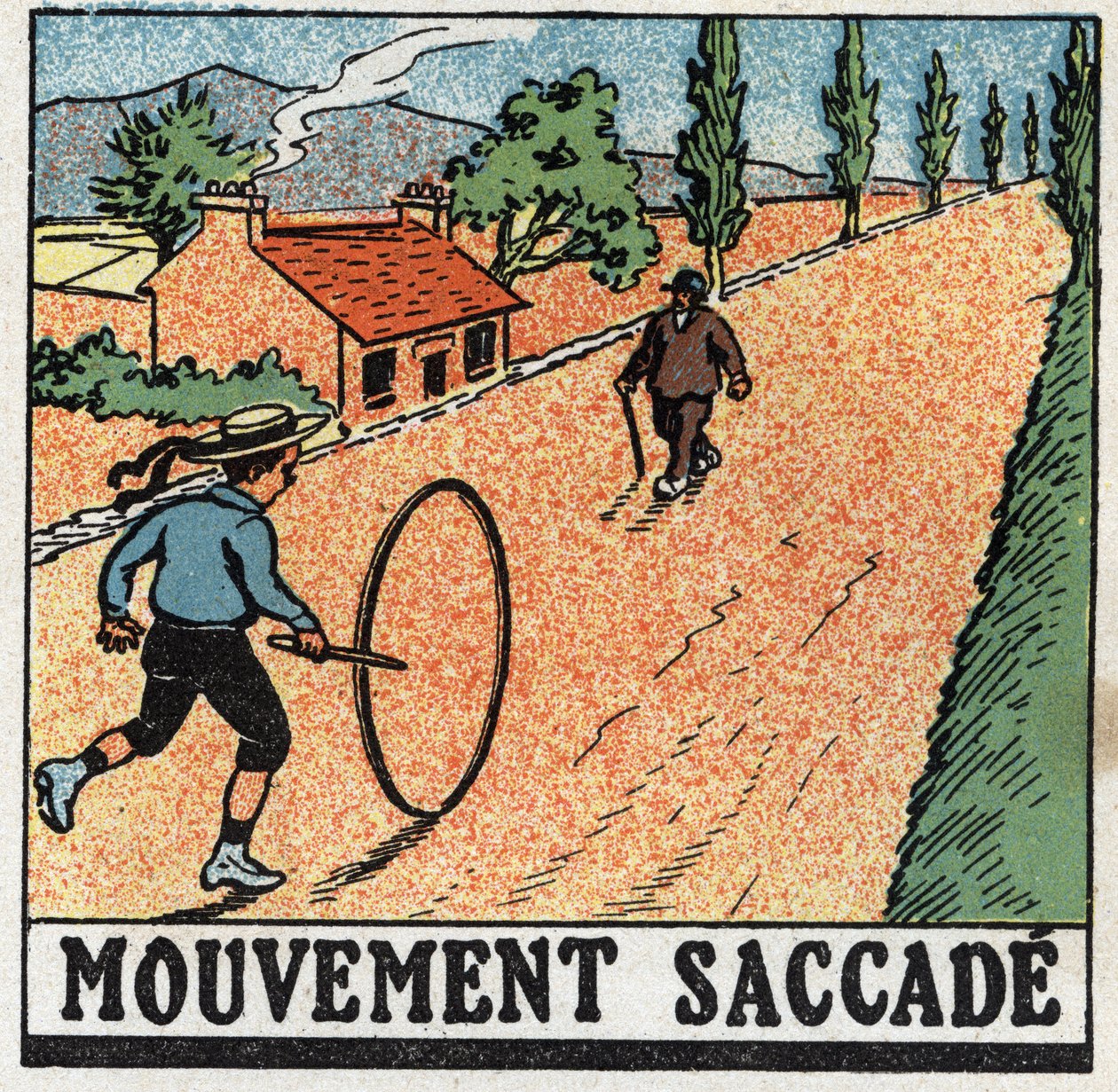 Rörelser: ryckande rörelse. Ett barn som leker med en båge. Anonym illustration från 1925. Privat samling. av Anonymous Anonymous