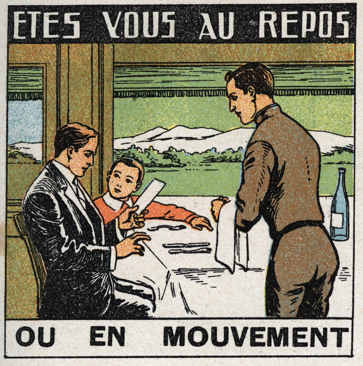 Rörelser: scen i restaurangen på ett tåg där passagerare inte rör sig när tåget rör sig framåt. Anonym illustration från 1925. Privat samling. av Anonymous Anonymous
