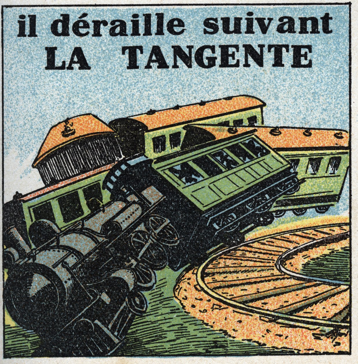 Rörelser: tangent. Tåg urspårning. Anonym illustration från 1925. Privat samling. av Anonymous Anonymous