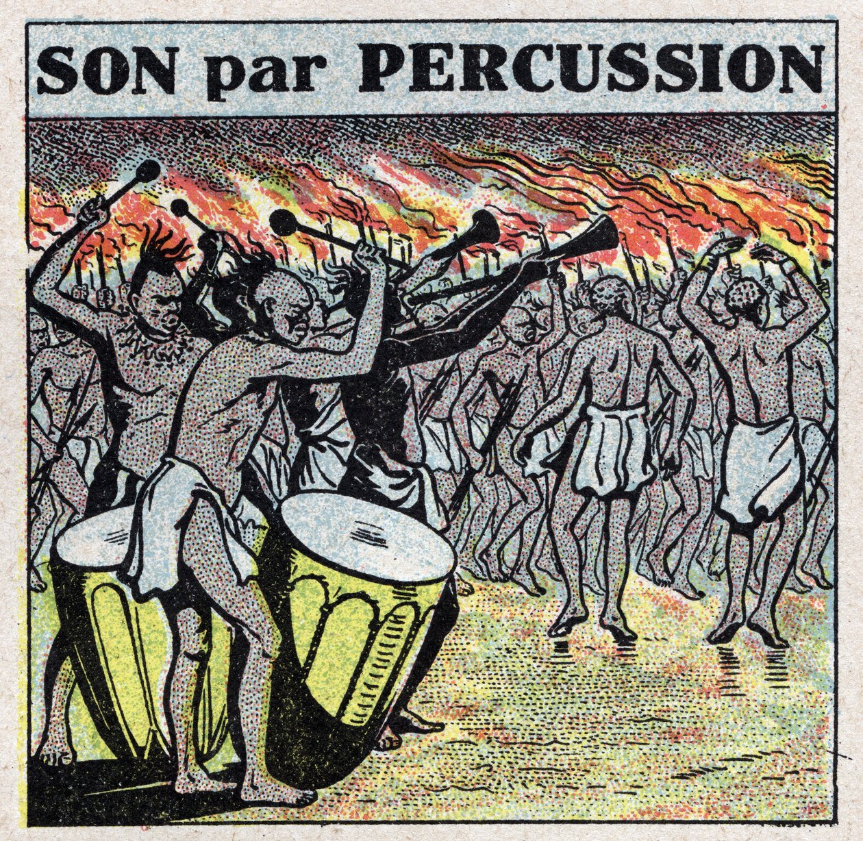 Musikinstrument: slagverkare i en afrikansk by. Anonym illustration från 1925. Privat samling. av Anonymous Anonymous